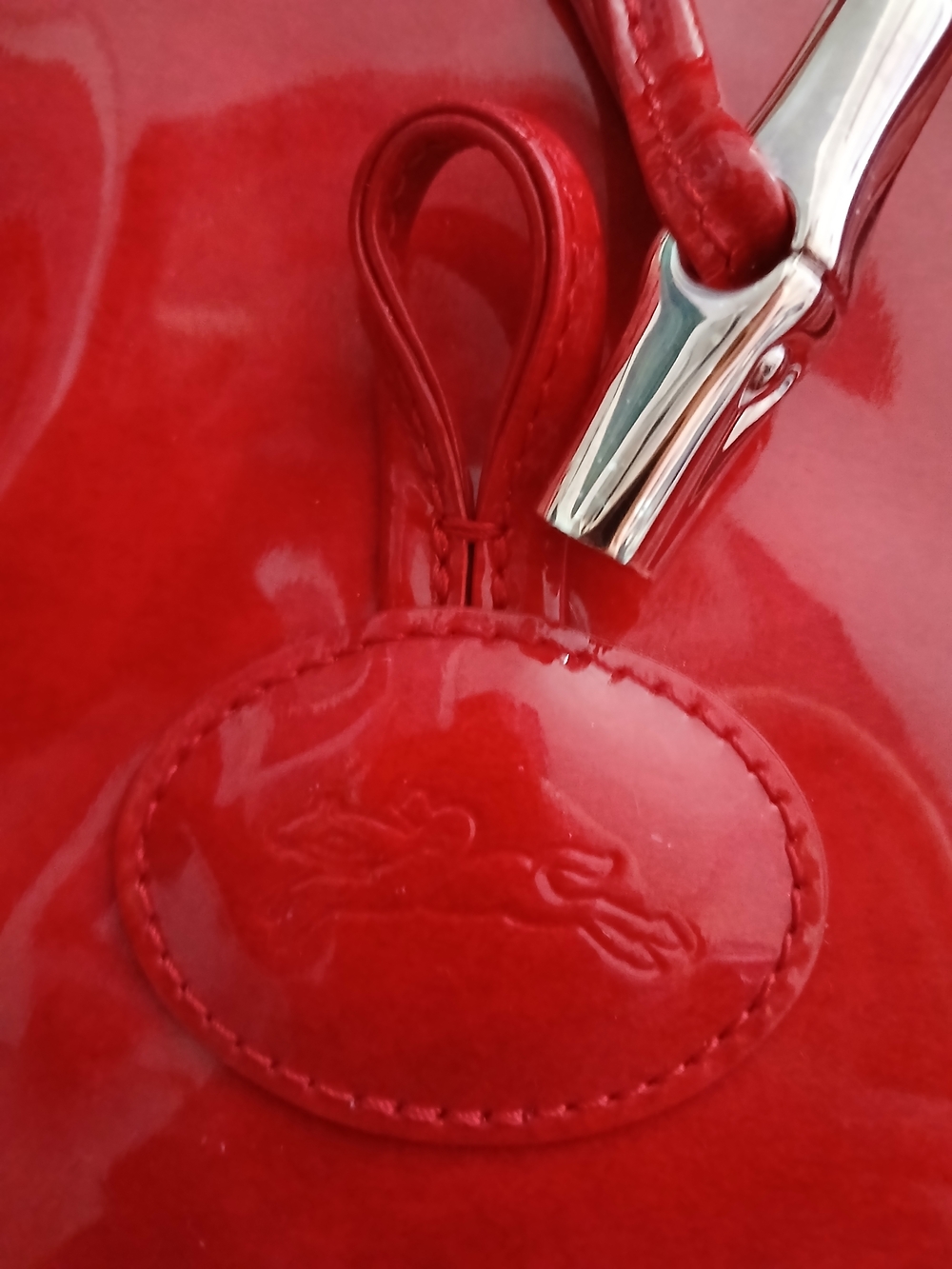 Longchamp Red Patent Leather Satchel with Detachable Strap, Silver Hardware - Picture 2 of 6